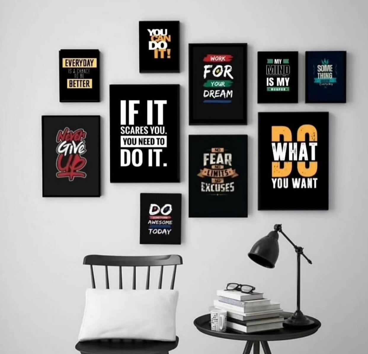 Modern 10-Piece Yellow & Black Motivational Wall Art Set