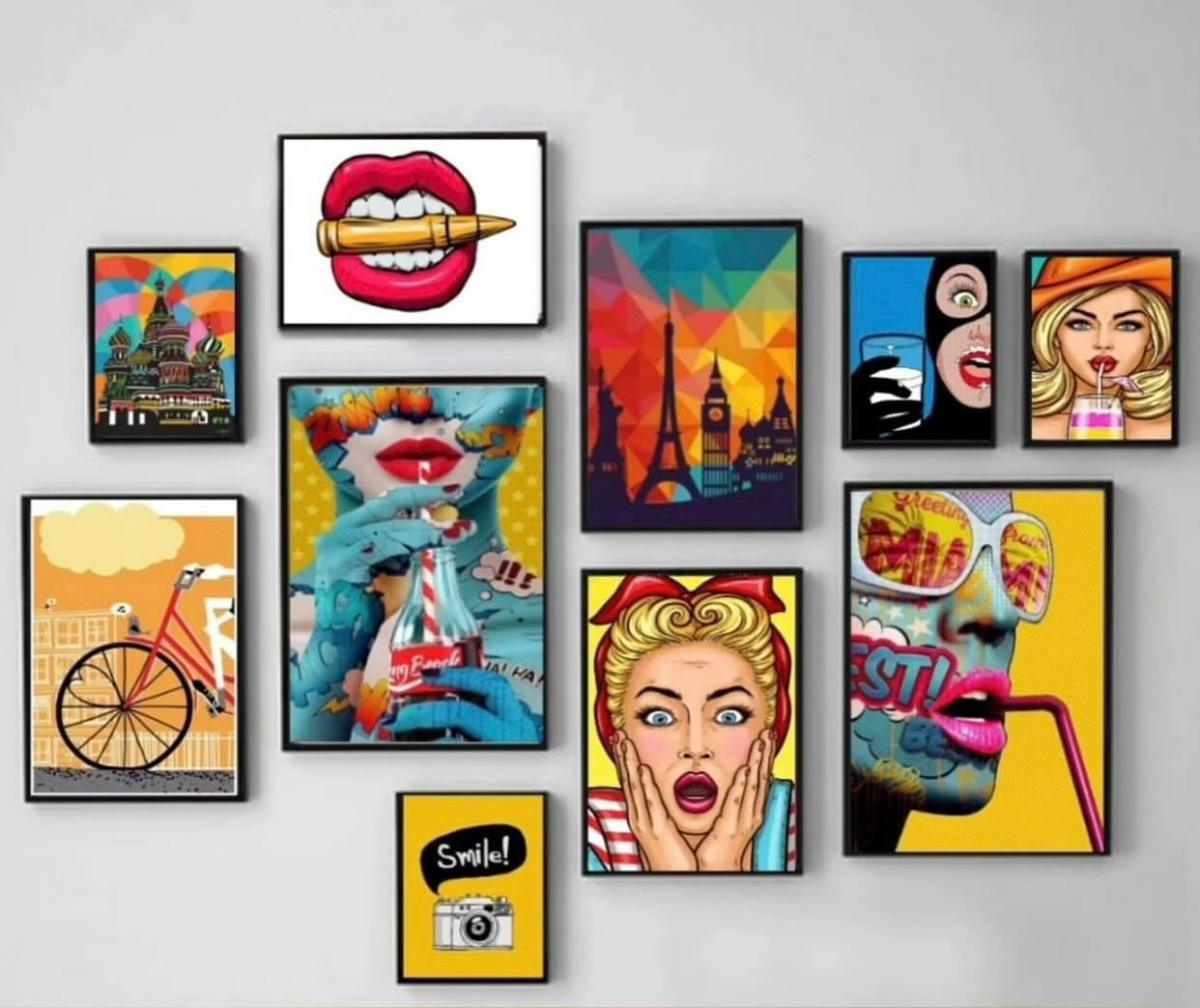 10-piece retro pop art frame set features a mix of vibrant colours.