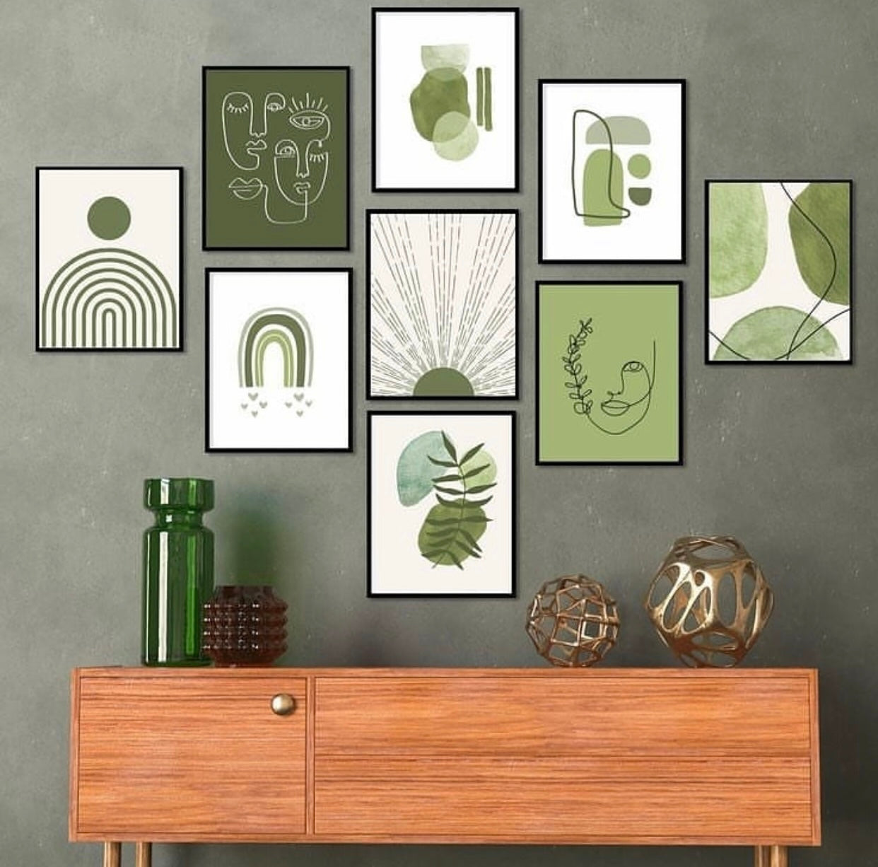 Green Wall Art9- Piece Set - Positive Quotes and Playful Designs