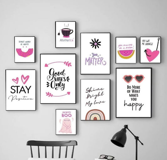 Playful 10-Piece Pink & Black "Good Vibes" Wall Art Set - Positive Quotes for Home & Office Décor