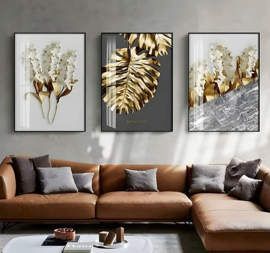 Luxury Botanical Gold Leaf 3-Piece Wall Art Set